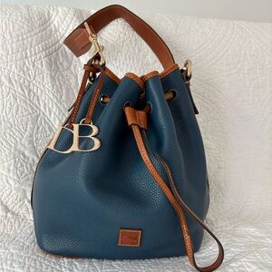 Dooney & Bourke Pebbled Leather Drawstring Bucket Bag Blue Tan